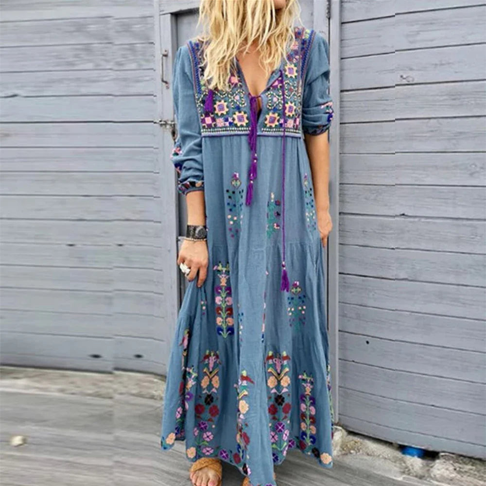 Plus Size Long Dress for Women Clothing 2023 Autumn Bohemian Dresses Casual Vestido Robe Female Oversized Loose Floral Skirt