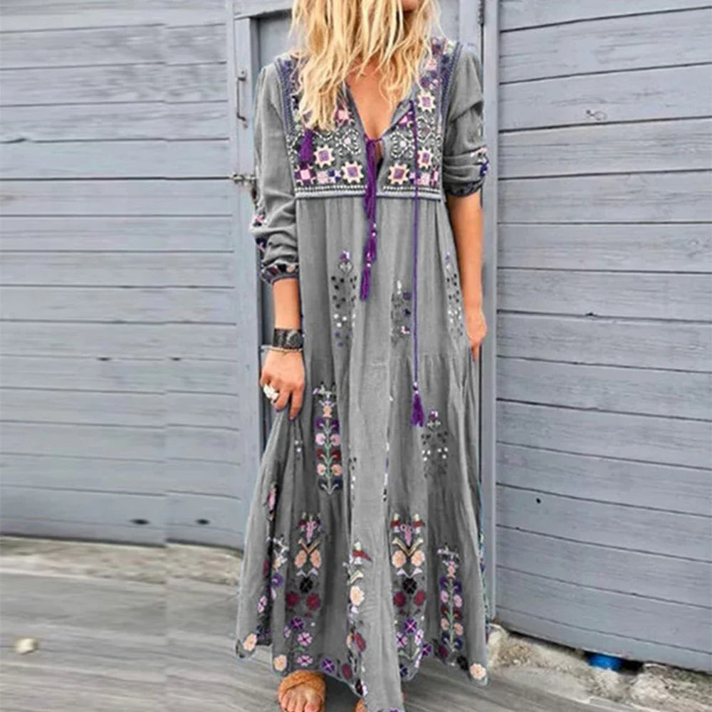 Plus Size Long Dress for Women Clothing 2023 Autumn Bohemian Dresses Casual Vestido Robe Female Oversized Loose Floral Skirt