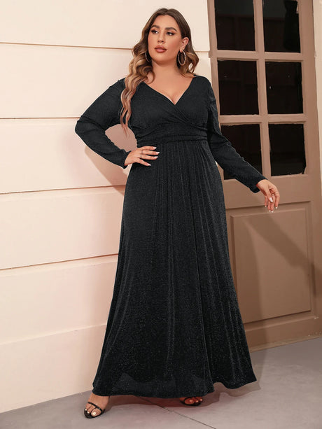 Plus Size New Arrival Long Sleeve V Neck Mesh Evening Party Formal Dresses For Women