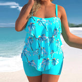 Plus Size Sexy Backless Swim Set Women Cascading Ruffle Suspender Swimwear Summer New Bikini Swimdress Cartoon Print Beachwear