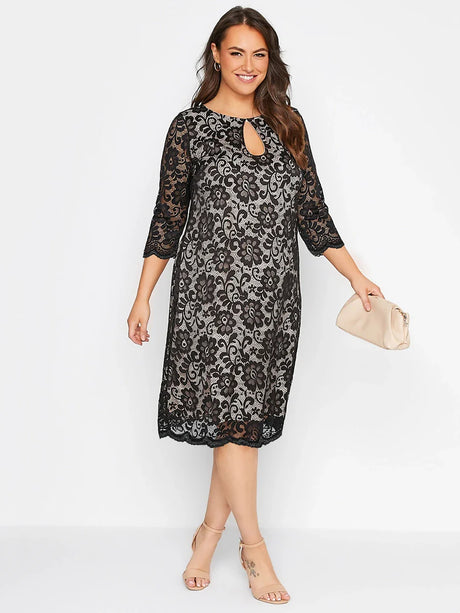 Plus Size Spring Autumn Elegant Lace Dress Women Keyhole 3/4 Sleeve Midi Party Dress Large Size Formal Wedding Evening Dress 5XL