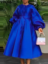 Plus Size VONDA 2024 Long Party Dress Women Long Lantern Sleeve Satin Pleated Midi Sundress Casual Loose Solid Robe Belted