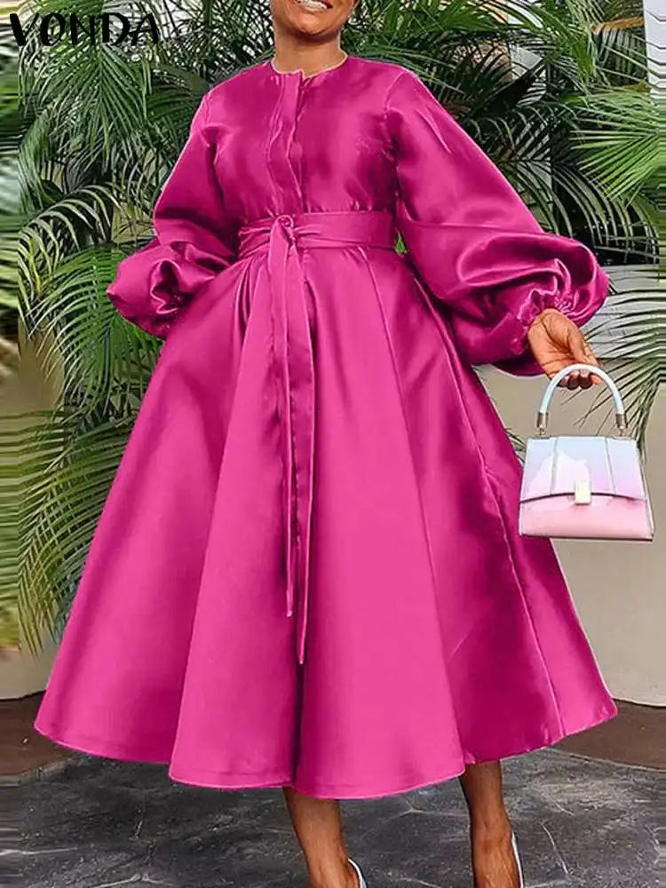 Plus Size VONDA 2024 Long Party Dress Women Long Lantern Sleeve Satin Pleated Midi Sundress Casual Loose Solid Robe Belted