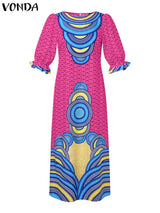 Plus Size VONDA Women Maxi Dress 2024 Summer Puff Sleeve Printed Party Dress Bohemian Half Sleeve Sundress Casual Beach Vestidos