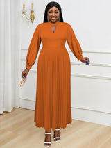 Plus Size Women Brown Maxi Pleated Party Dress Long Lantern Sleeve O Neck Cut Out Chest A-line Formal Church Robes New Gown 2024