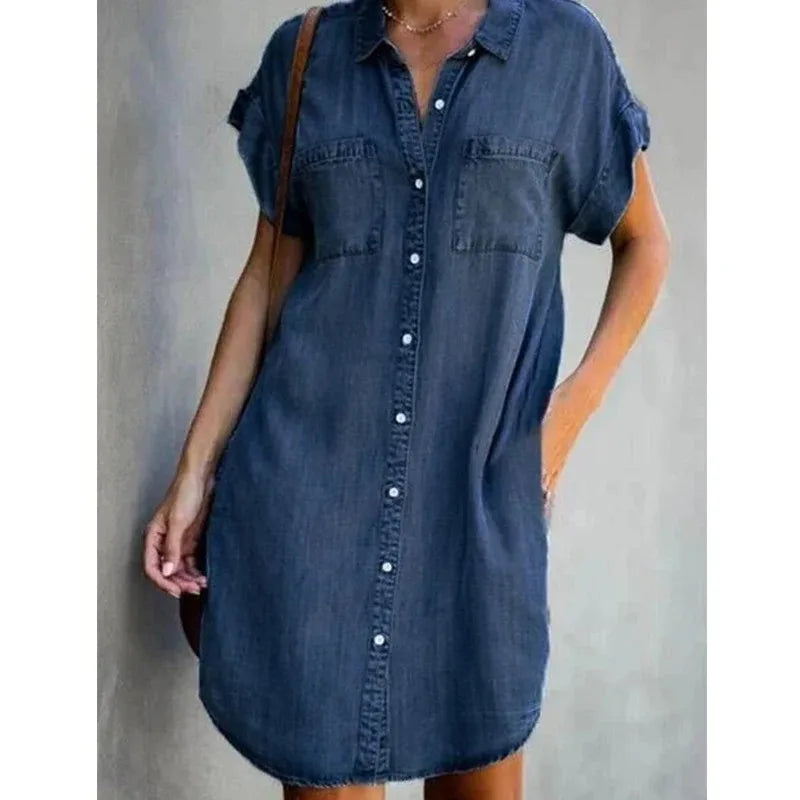 Plus Size Women Denim Shirt Dresses Short Sleeve Distressed Jean Dress Button Down Casual Tunic Top