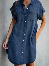 Plus Size Women Denim Shirt Dresses Short Sleeve Distressed Jean Dress Button Down Casual Tunic Top