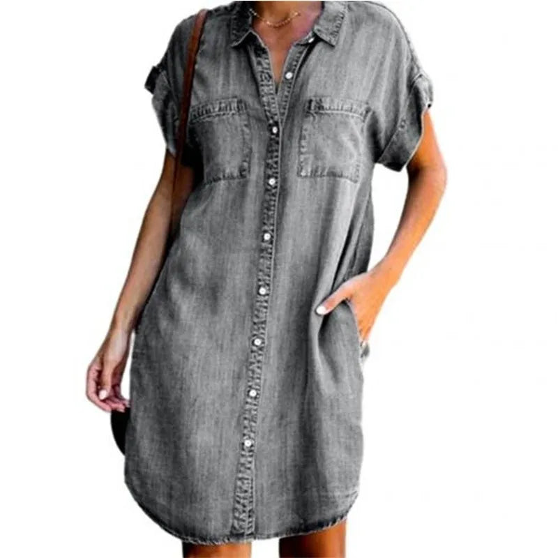 Plus Size Women Denim Shirt Dresses Short Sleeve Distressed Jean Dress Button Down Casual Tunic Top