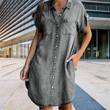 Plus Size Women Denim Shirt Dresses Short Sleeve Distressed Jean Dress Button Down Casual Tunic Top