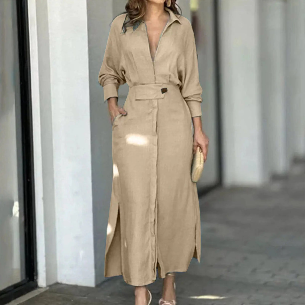 Plus Size Women Dress Elegant 2023 Solid Casual V Neck Long Sleeve Dress Long Skirt Pocket Lady Streetwear Dresses For Women