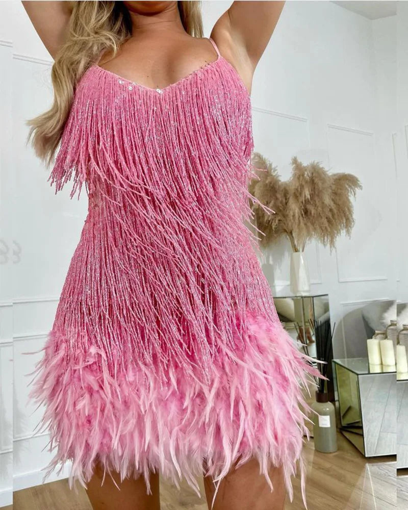 Plus Size Women Sequins Tassel Feather Dress 2023 Autumn Winter Sexy Mini Evening Party Club Elegant High Quality Prom Vestido