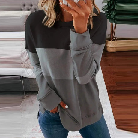Plus Size Women's Fashion Casual Long Sleeve Print Color Matching T Shirt Slim Top