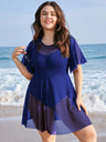 Plus Size Womens Swimwear Solid Mesh Patchwork Ruffle Sleeve Swim Dress One Piece Chubby Swimsuit Cover Up Beach Bathing Suit