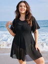 Plus Size Womens Swimwear Solid Mesh Patchwork Ruffle Sleeve Swim Dress One Piece Chubby Swimsuit Cover Up Beach Bathing Suit