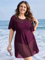 Plus Size Womens Swimwear Solid Mesh Patchwork Ruffle Sleeve Swim Dress One Piece Chubby Swimsuit Cover Up Beach Bathing Suit