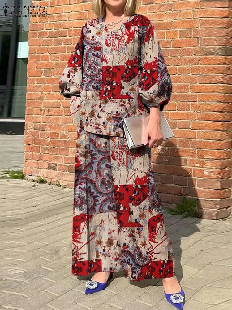 Plus Size ZANZEA Bohemian Matching Sets Casual Printed 2pcs Suits 2023 Women 3/4 Sleeve Tops Tracksuit Autumn Wide Leg Pant Sets