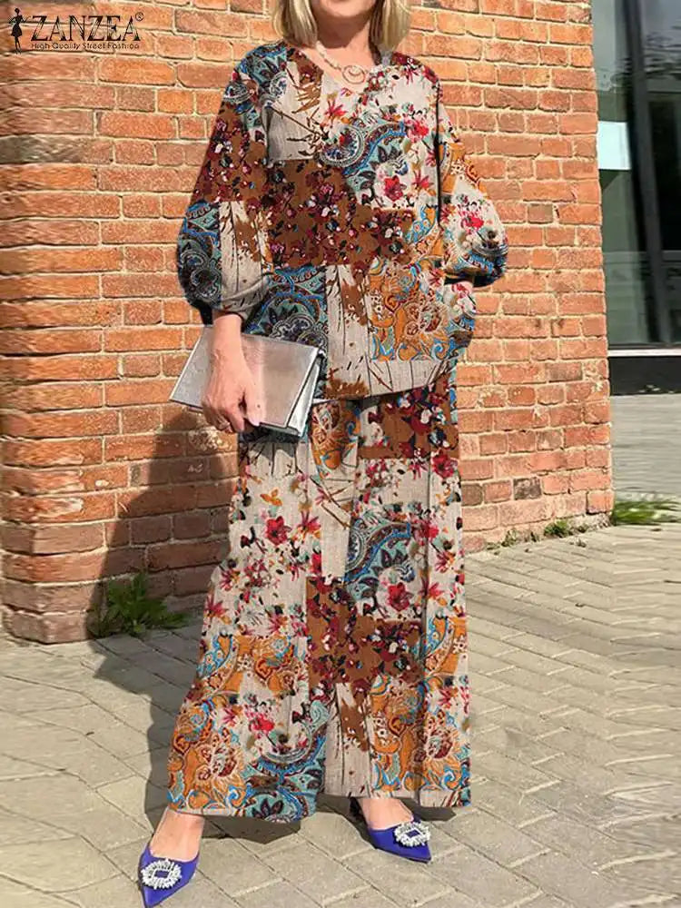 Plus Size ZANZEA Bohemian Matching Sets Casual Printed 2pcs Suits 2023 Women 3/4 Sleeve Tops Tracksuit Autumn Wide Leg Pant Sets