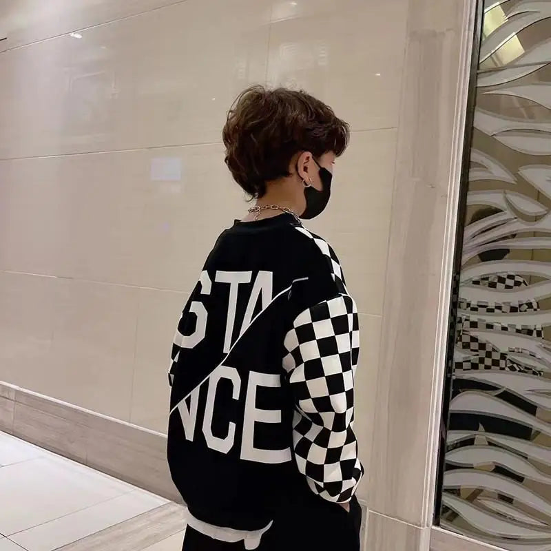 Plush Thickened Warm Boys' Checkerboard Sweatshirts O-neck Pullover Long Sleeve T-shirts 2023 Autumn Loose Korean 5-12 Years Old