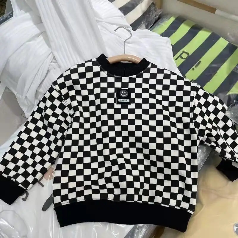 Plush Thickened Warm Boys' Checkerboard Sweatshirts O-neck Pullover Long Sleeve T-shirts 2023 Autumn Loose Korean 5-12 Years Old