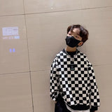 Plush Thickened Warm Boys' Checkerboard Sweatshirts O-neck Pullover Long Sleeve T-shirts 2023 Autumn Loose Korean 5-12 Years Old