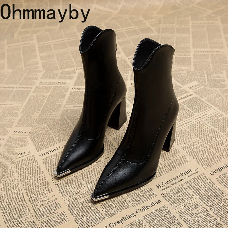 Pointed Toe Women's Ankle Boots Fashion Back Zippers Short Botas Ladies Elegant Square High Heel Winter Women's Footwear