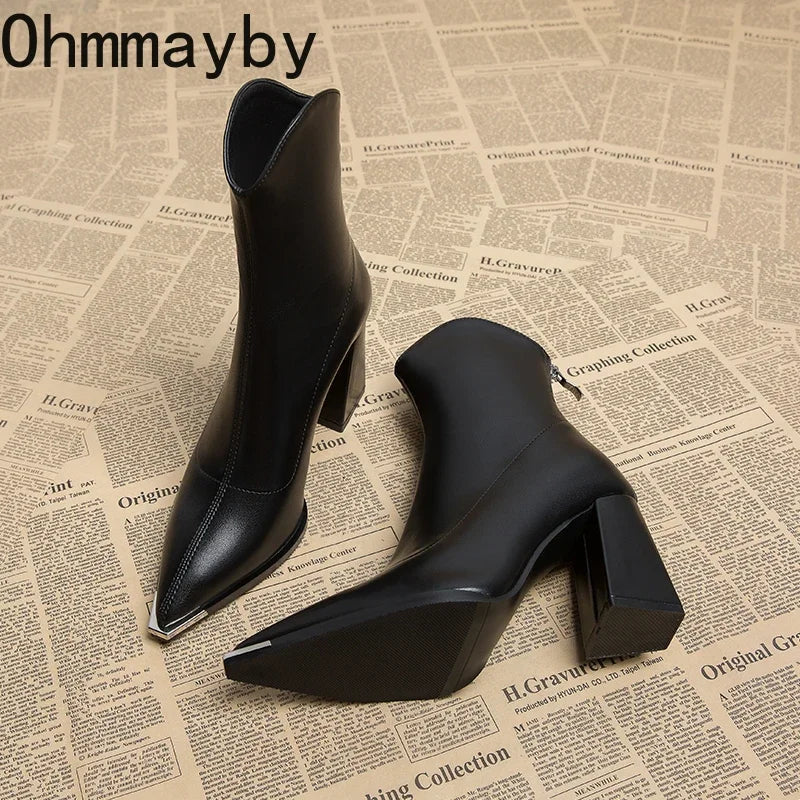 Pointed Toe Women's Ankle Boots Fashion Back Zippers Short Botas Ladies Elegant Square High Heel Winter Women's Footwear