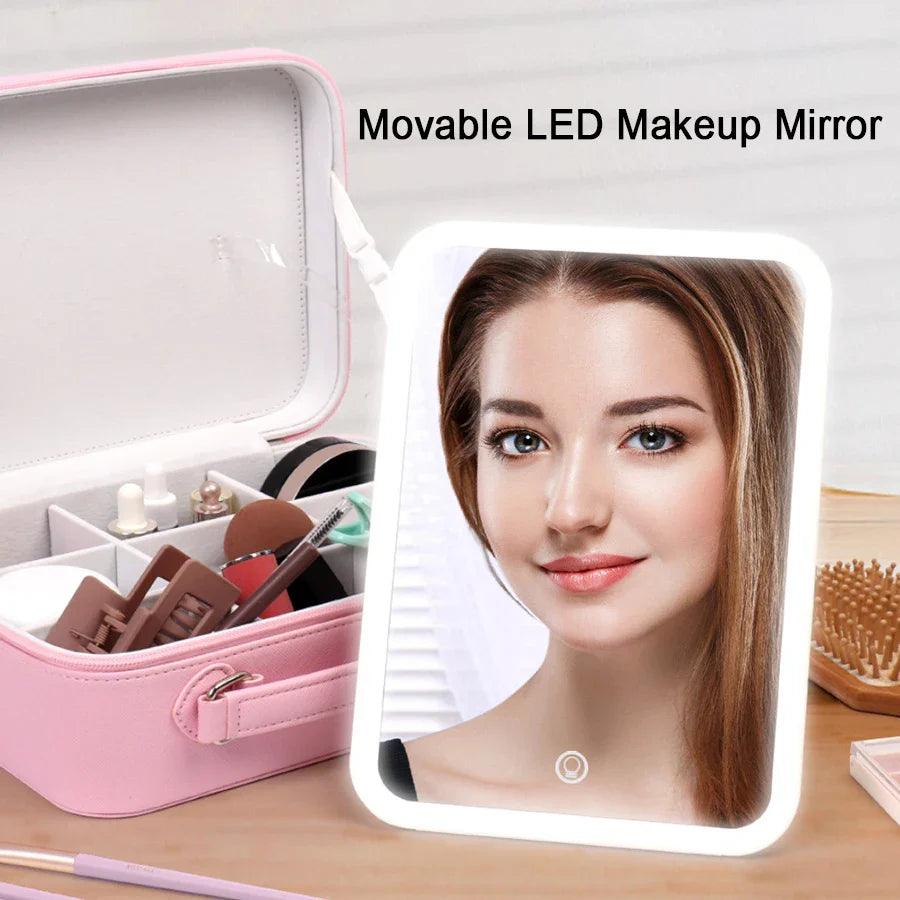 Portable LED Lighted Makeup Mirror Bag Big Aesthetic Travel Cosmetic Case PU Leather Make Up Tools Vanity Accessories For Women