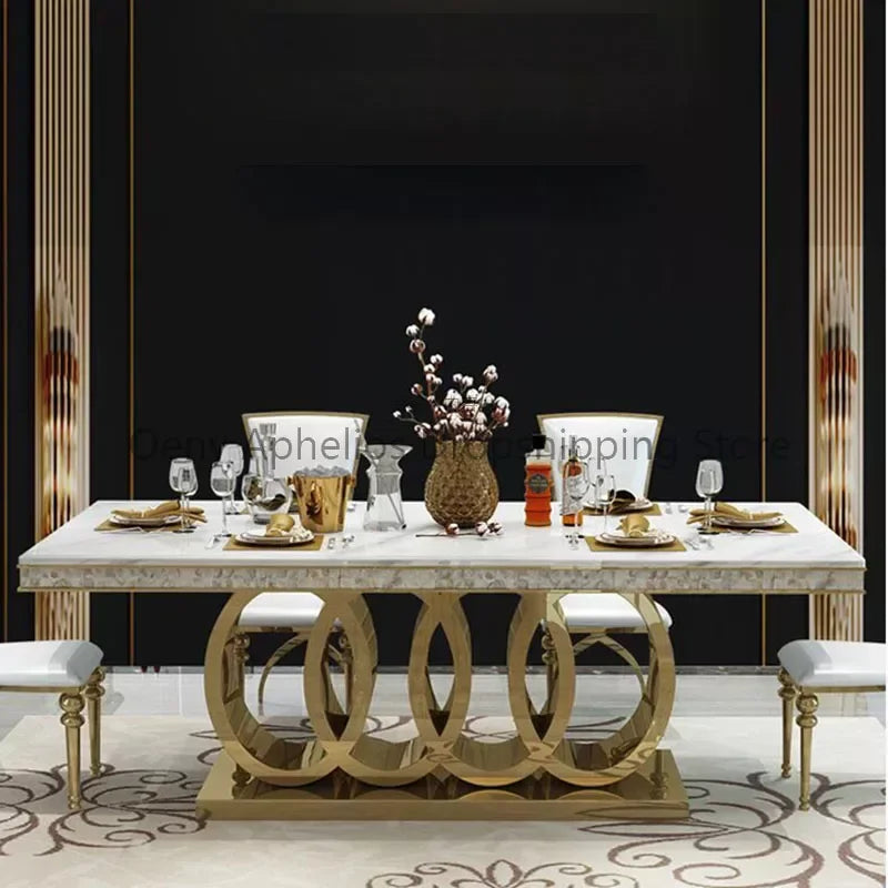 Post-Modern Marble Top-Grade Dining Table And Chairs Combination Stainless Steel Top Crown Apartment Golden Carved Furniture