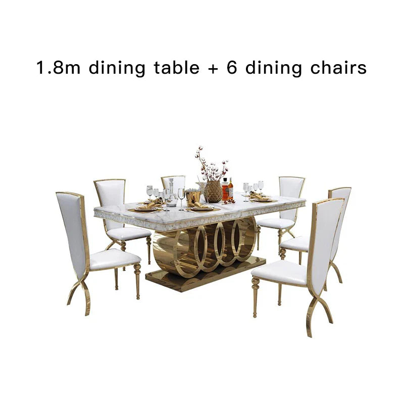 Post-Modern Marble Top-Grade Dining Table And Chairs Combination Stainless Steel Top Crown Apartment Golden Carved Furniture