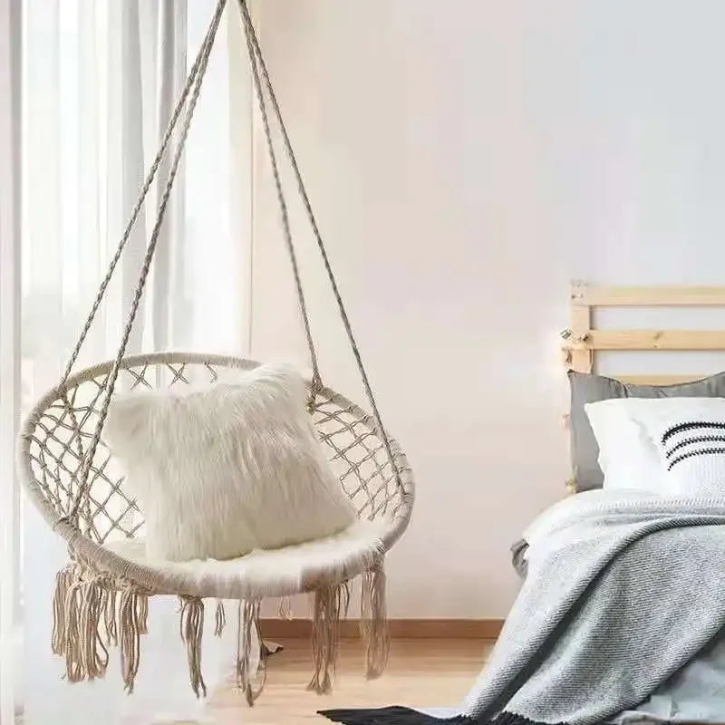 Premium Quality Patio Swing with Cotton Rope Metal Frame Cozy Nordic Style Hanging Lounger Swing Chair Outdoor Hammock Chair