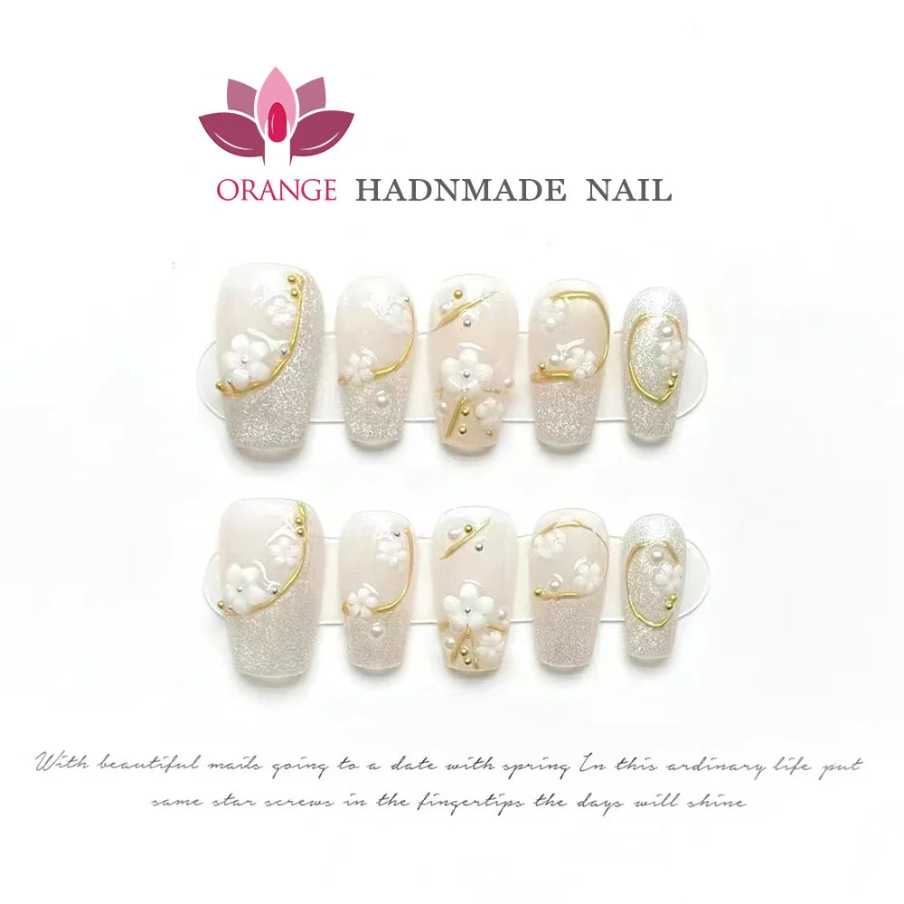 Presse on Nail Tips Full Cover With Designed Flower Deco Handwork High Quality Wearable Ballerina Artificial Korean Nail Art