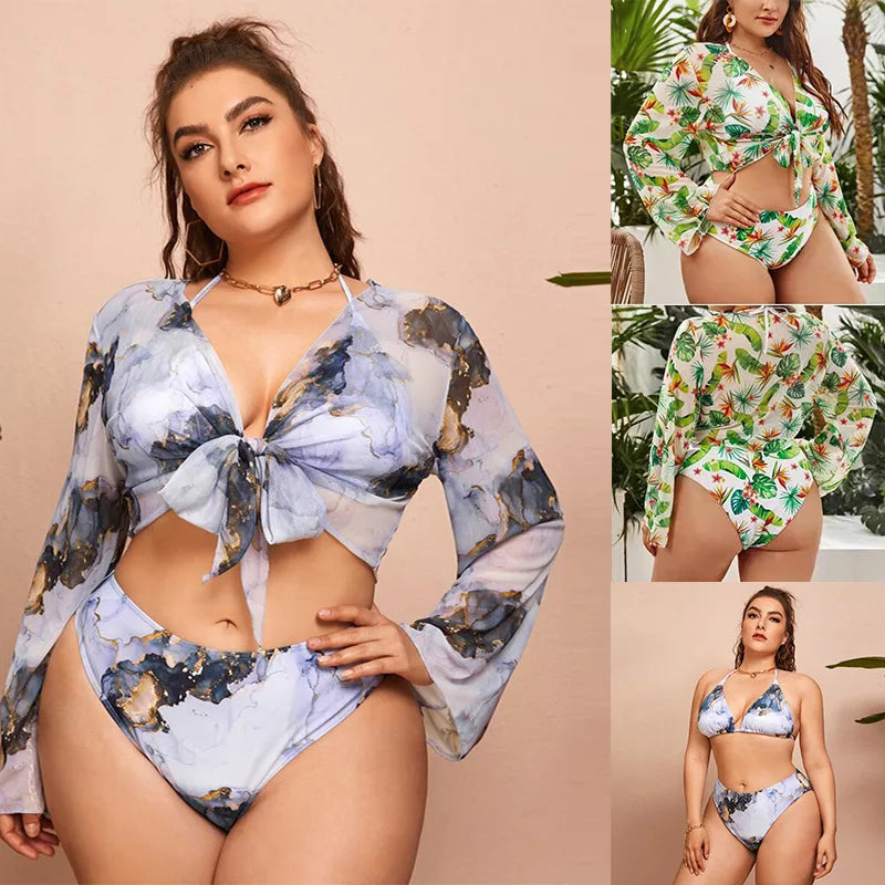 Printed Split Plus Size Bikini Women 3 Pieces Beach High Waist Swimsuit Sexy Female Swimwears Set Spring Summer