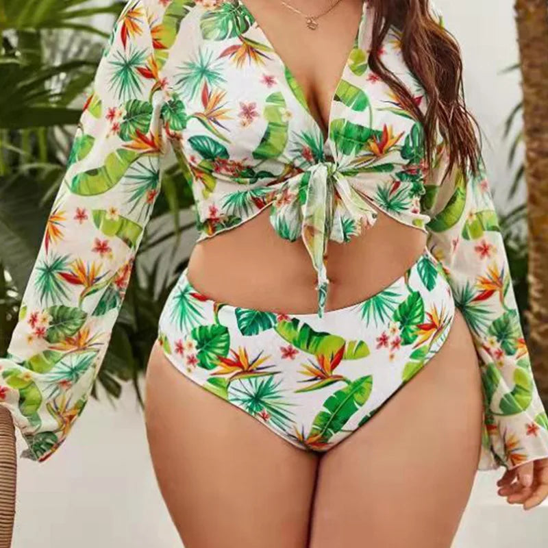 Printed Split Plus Size Bikini Women 3 Pieces Beach High Waist Swimsuit Sexy Female Swimwears Set Spring Summer