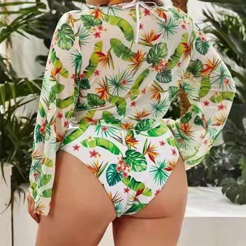 Printed Split Plus Size Bikini Women 3 Pieces Beach High Waist Swimsuit Sexy Female Swimwears Set Spring Summer