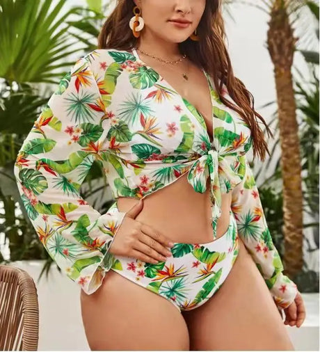 Printed Split Plus Size Bikini Women 3 Pieces Beach High Waist Swimsuit Sexy Female Swimwears Set Spring Summer