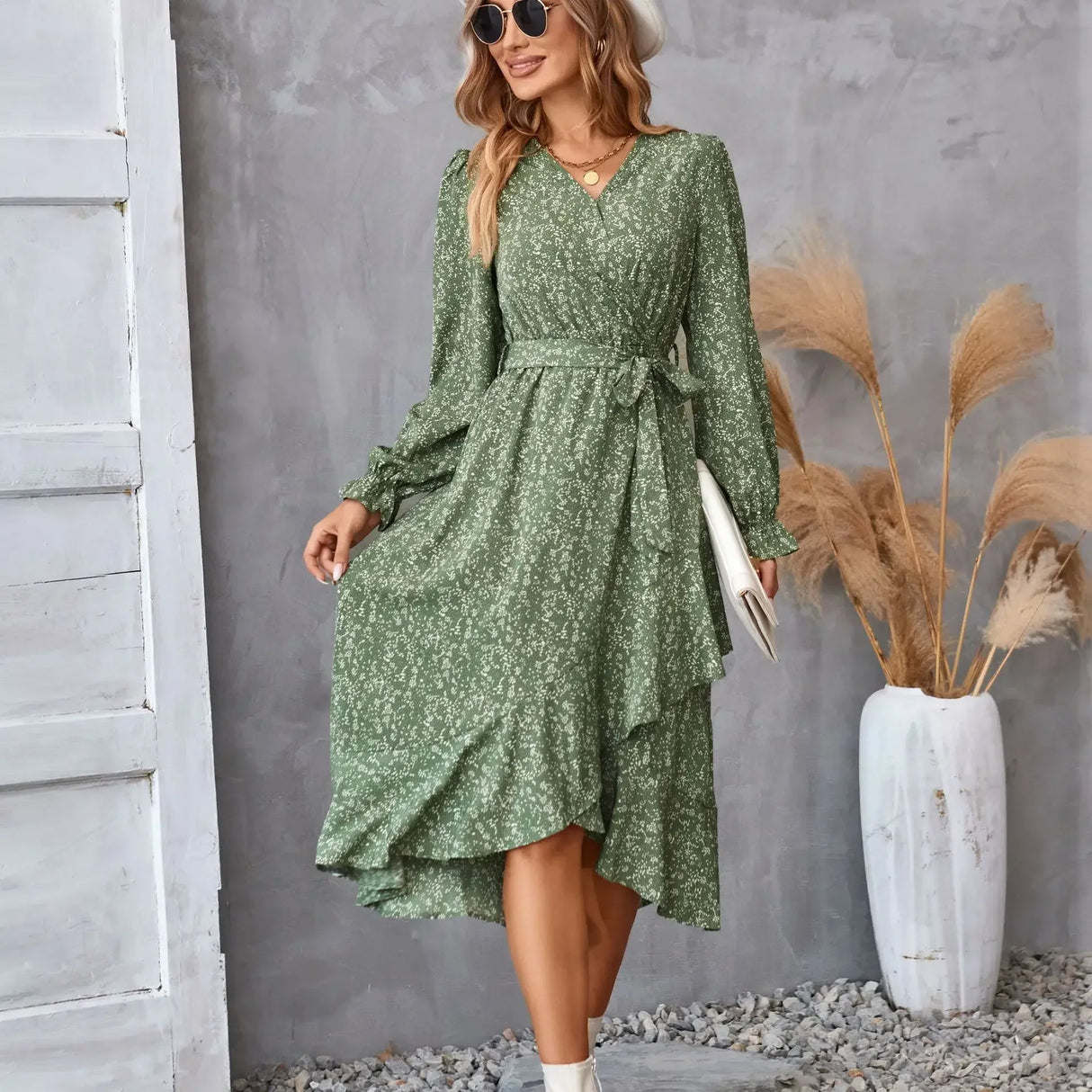 Printed autumn and winter long-sleeved dresses commuter temperament European and American women dresses