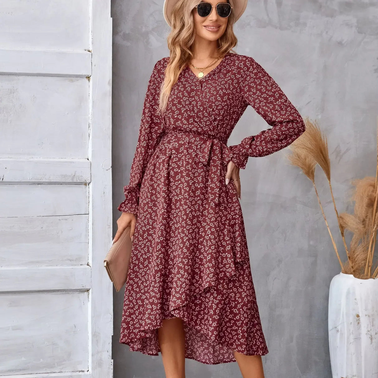 Printed autumn and winter long-sleeved dresses commuter temperament European and American women dresses