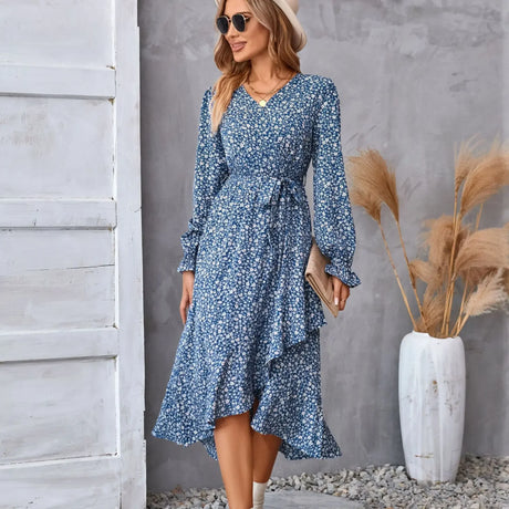 Printed autumn and winter long-sleeved dresses commuter temperament European and American women dresses