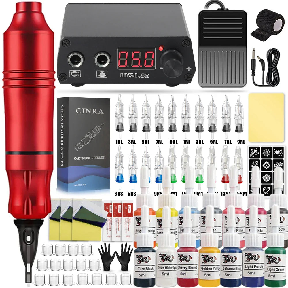 Professional Tattoo Machine Set Rotary Tattoo Pen Kit Power Supply Needle Ink DC Interface Rotary Tattoo Gun Makeup Kit Complete