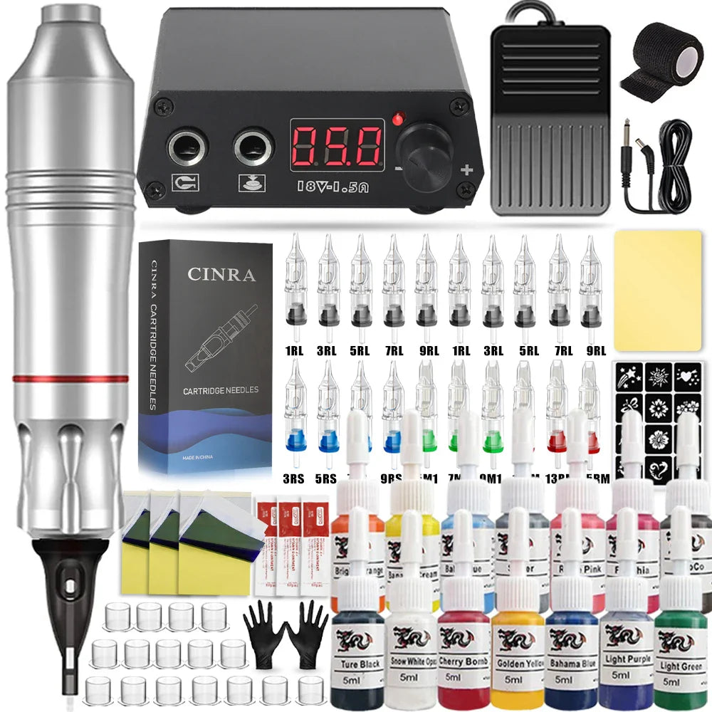 Professional Tattoo Machine Set Rotary Tattoo Pen Kit Power Supply Needle Ink DC Interface Rotary Tattoo Gun Makeup Kit Complete