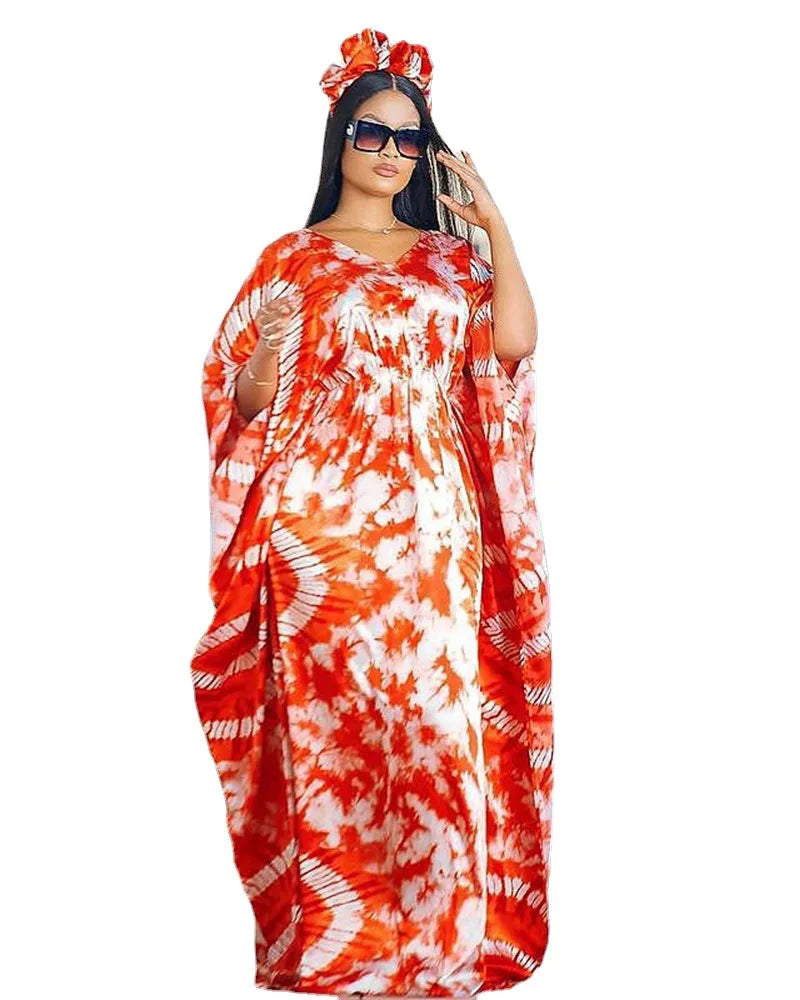 Purple Orange African Dresses for Women Summer African Women Half Sleeve V-neck Polyester Long Dress African Print Dresses S-5XL