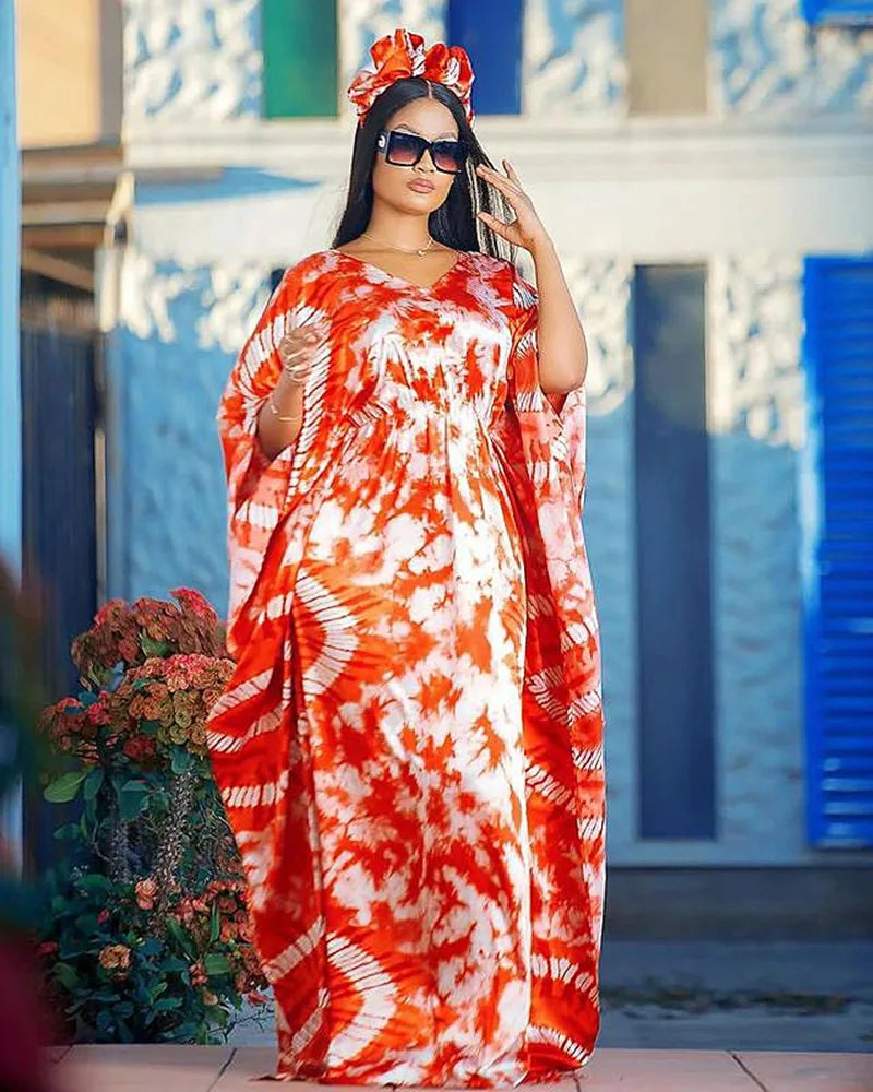 Purple Orange African Dresses for Women Summer African Women Half Sleeve V-neck Polyester Long Dress African Print Dresses S-5XL