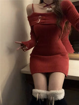 QWEEK Knit Knitted Sweater Bodycon Dress Slim Wrap Sexy 2023 Autumn Off Shoulder Party Short Dresses Sheath Outfits Female