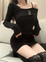 QWEEK Knit Knitted Sweater Bodycon Dress Slim Wrap Sexy 2023 Autumn Off Shoulder Party Short Dresses Sheath Outfits Female