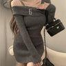 QWEEK Knit Knitted Sweater Bodycon Dress Slim Wrap Sexy 2023 Autumn Off Shoulder Party Short Dresses Sheath Outfits Female