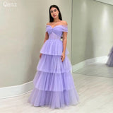 Qanz Lilac Tulle Evening Dresses Off The Shoulder Floor Length Ruched Tiered Vestido De Noche Formal Dresses For Women 2024 Plus