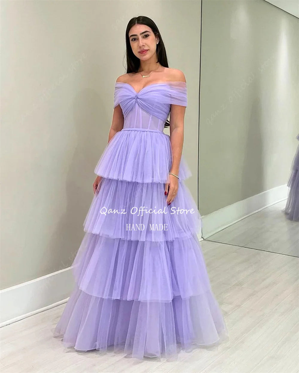 Qanz Lilac Tulle Evening Dresses Off The Shoulder Floor Length Ruched Tiered Vestido De Noche Formal Dresses For Women 2024 Plus