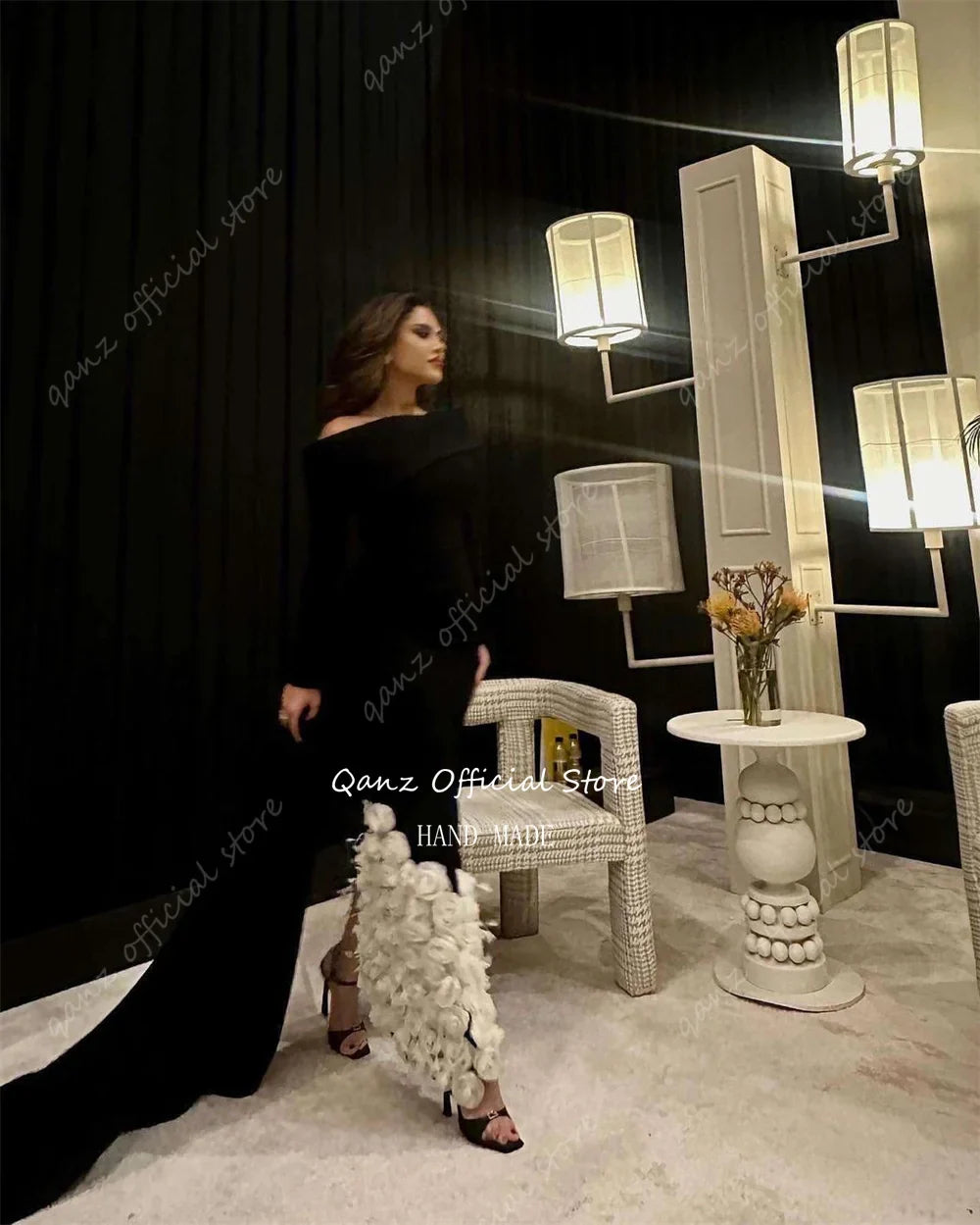 Qanz Luxury Saudi Arabia Evening Dresses Full Sleeves Satin Flowers Formal Occasion For Women Long Train Abendkleider Luxus 2024