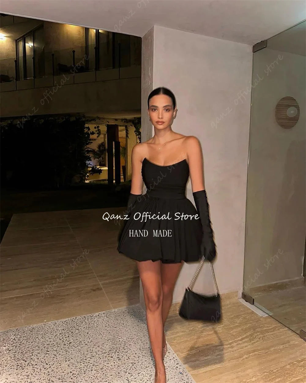 Qanz Short Black Satin Homecoming Dresses Above Length Strapless Ruched Cocktail Dresses For Women Vestido Para Graduacion 2024