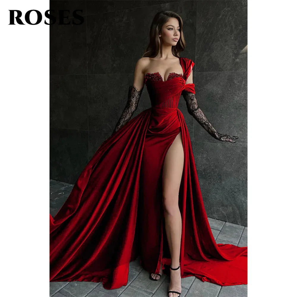 ROSES Side Split Mermaid Evening Dresses Red One Shoulder Prom Dresses Sweetheart فستان حفلات الزفاف Stain Formal Occasion Dress